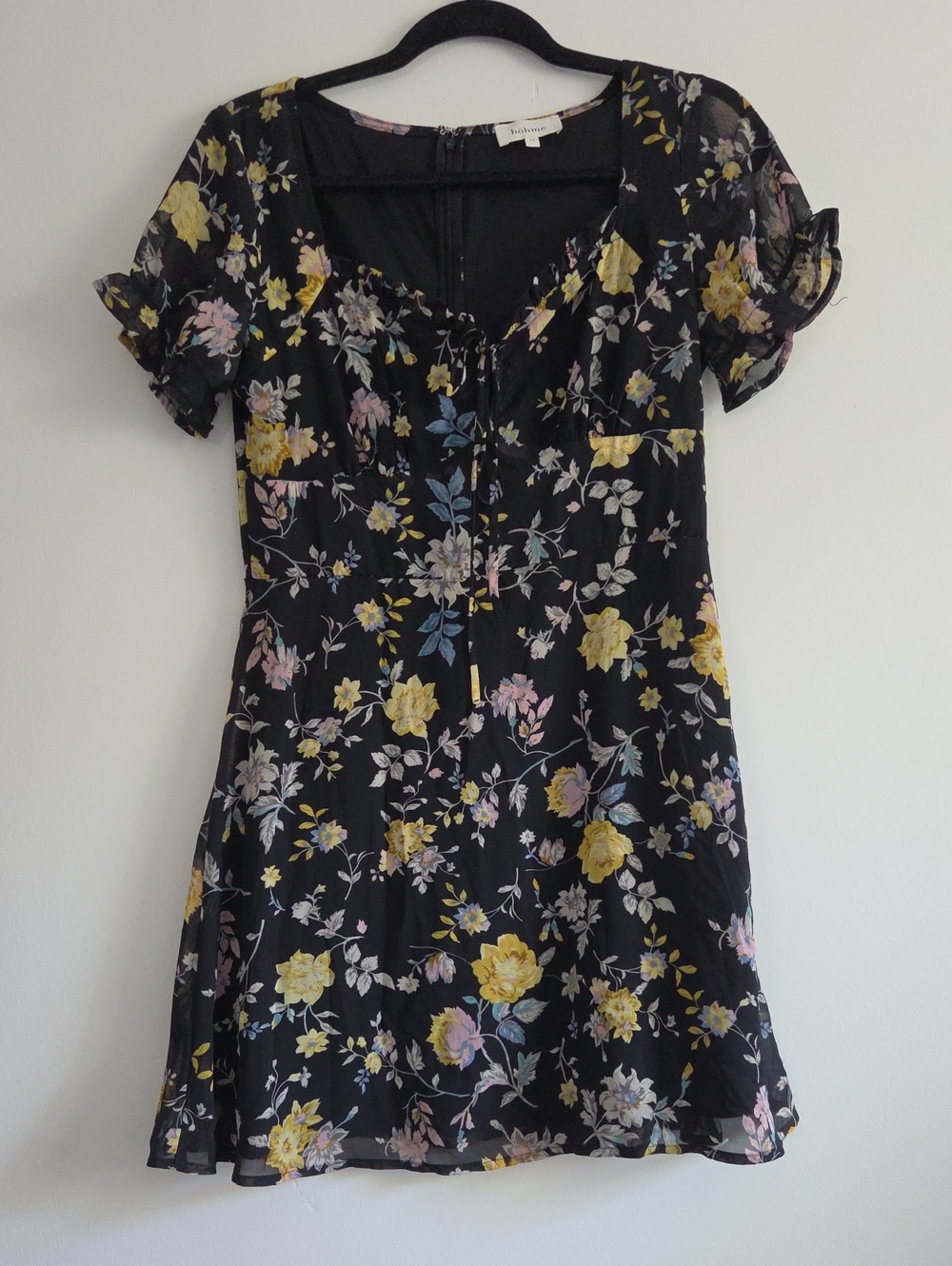Bohme Black Yellow Floral Chiffon Puff Sleeve Milkmaid Peasant Mini Dress M